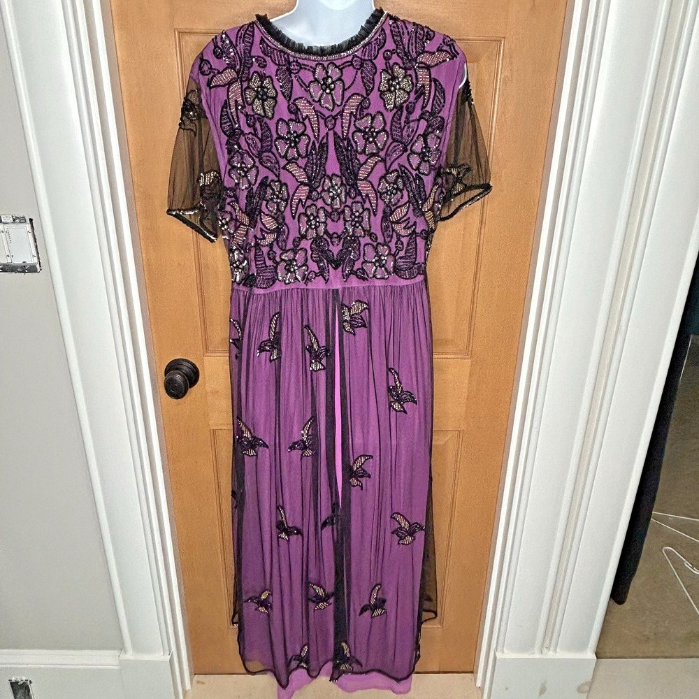 J Peterman Formal Dress M Purple Black Overlay Beads Sequins Birds Long Whimsy - Picture 2 of 9